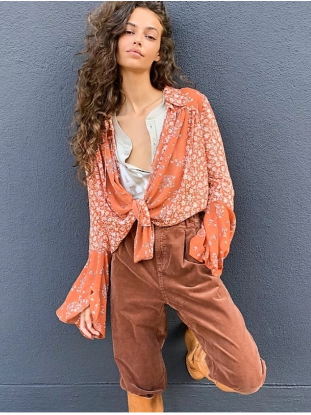 Free people Serena Floral Tie-Front Bell Sleeve Top - Rust - Picture 2 of 9